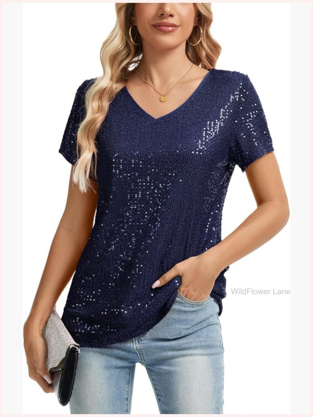 Sequin V-Neck Shimmer Party Blouse Tunic Top